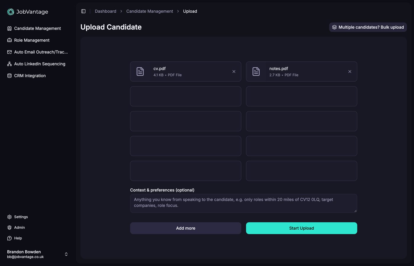 The upload page with a CV and a notes file attached