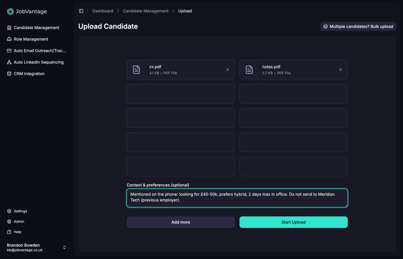 The Context and preferences box on the upload page