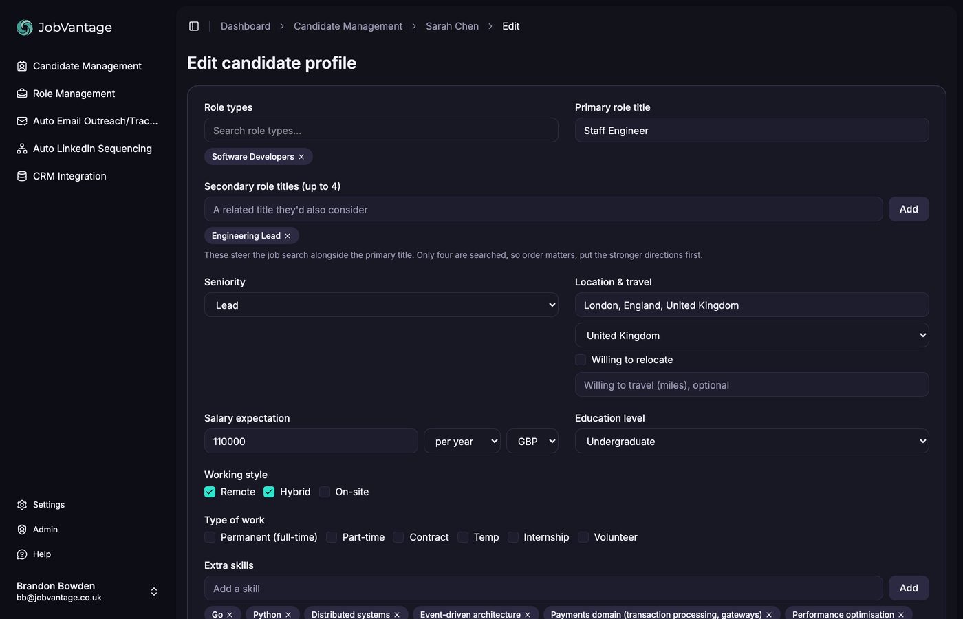 The Edit candidate profile form
