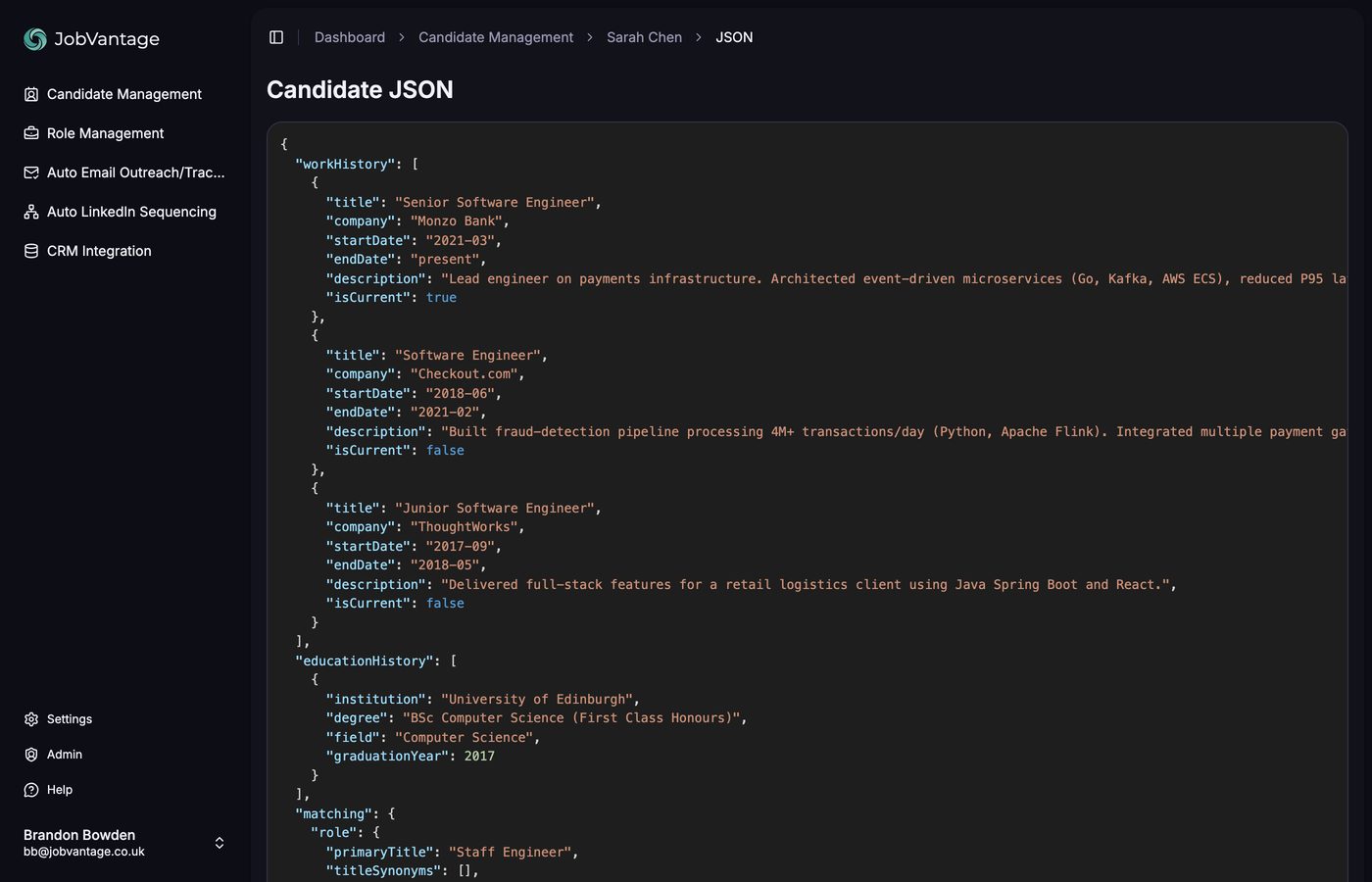 The Candidate JSON page showing the full structured profile