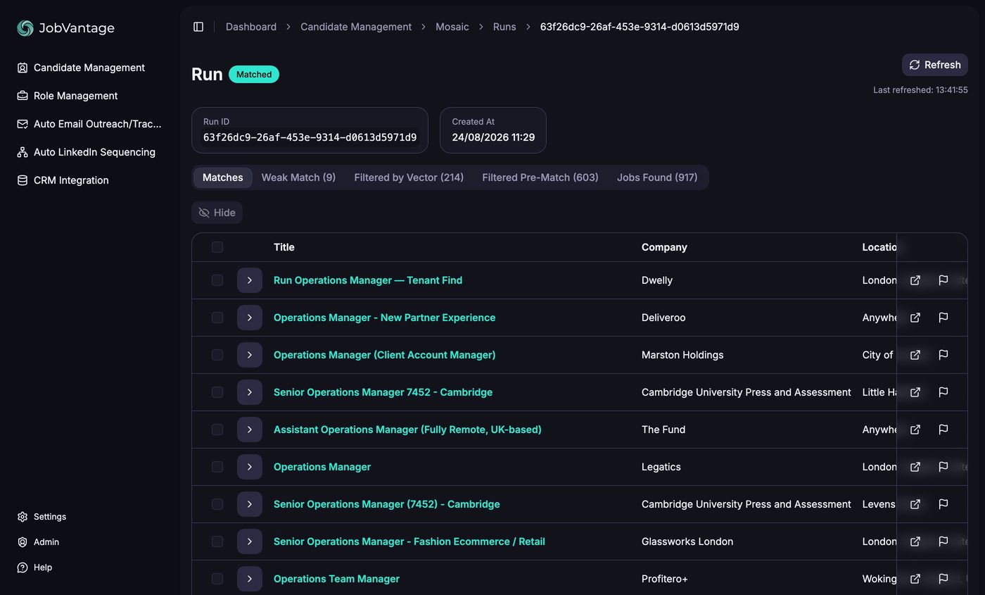 The matches page with the funnel tabs above the results