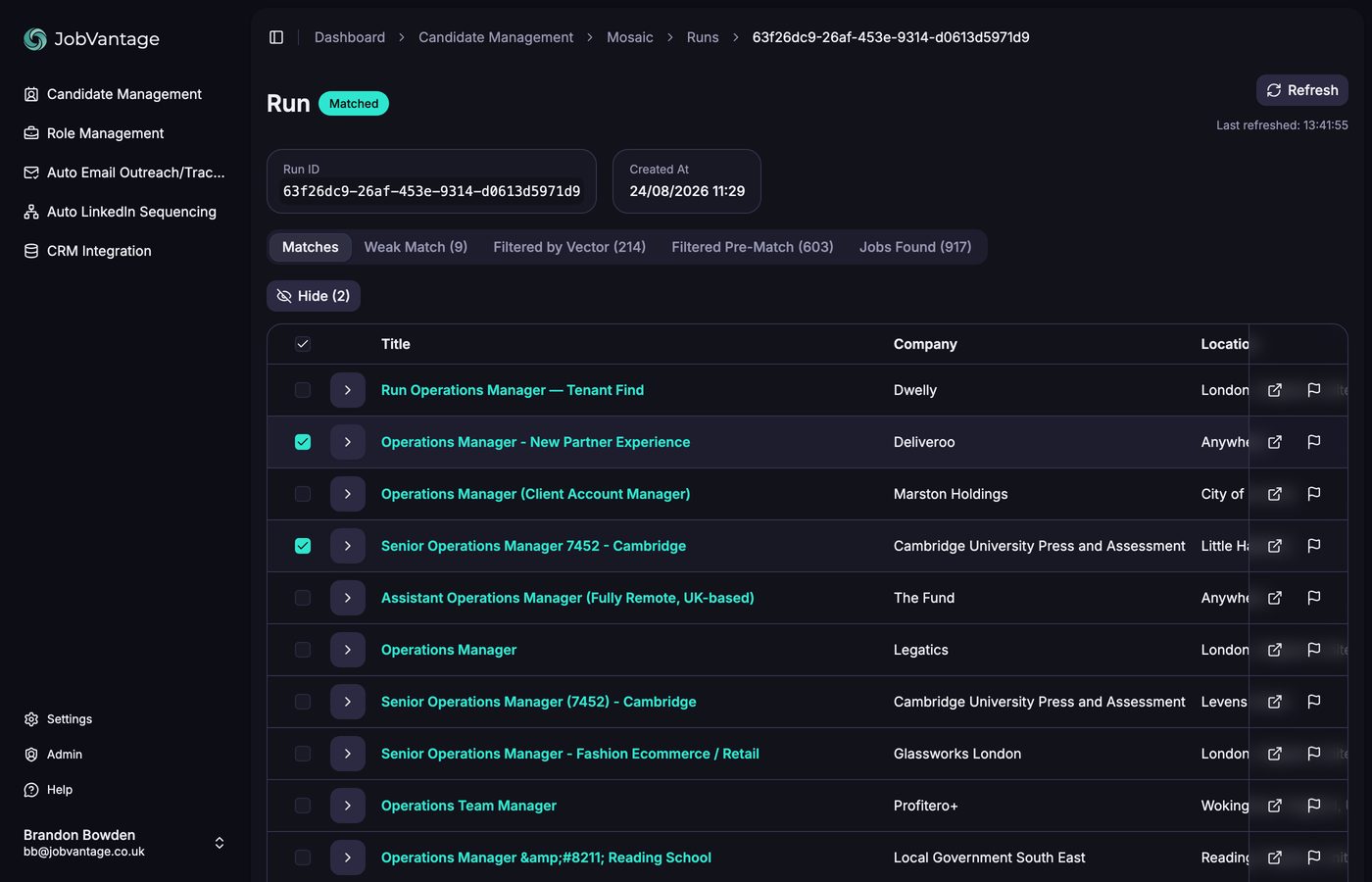 Rows ticked on the matches list with the Hide button active