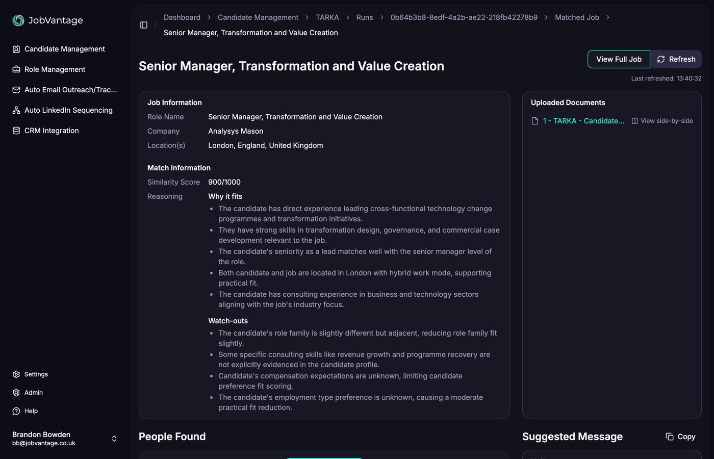 The matched job page: job information, similarity score and reasoning