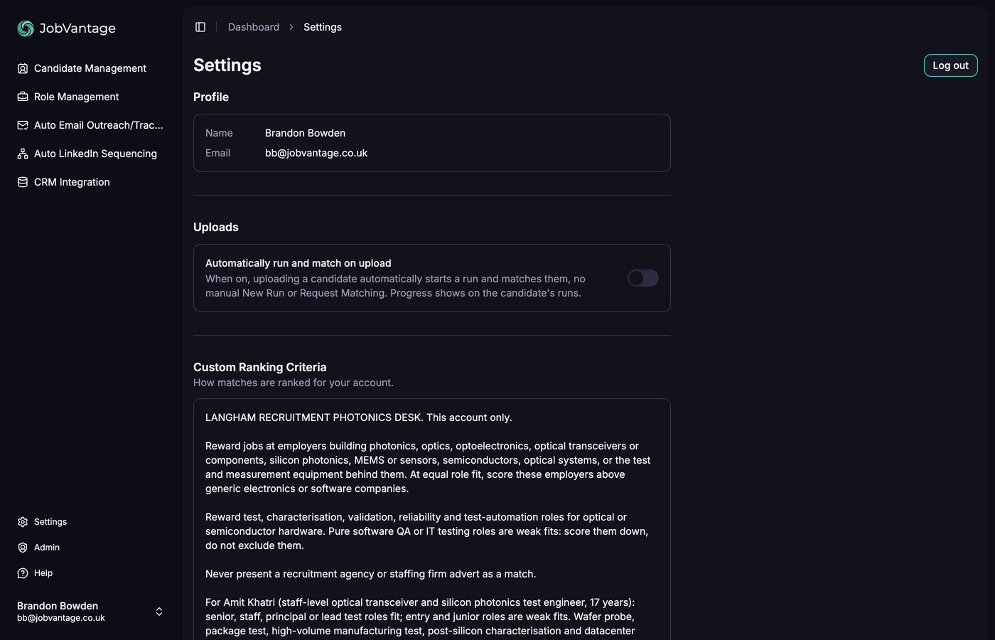 The Settings page showing the automatic run toggle and ranking criteria