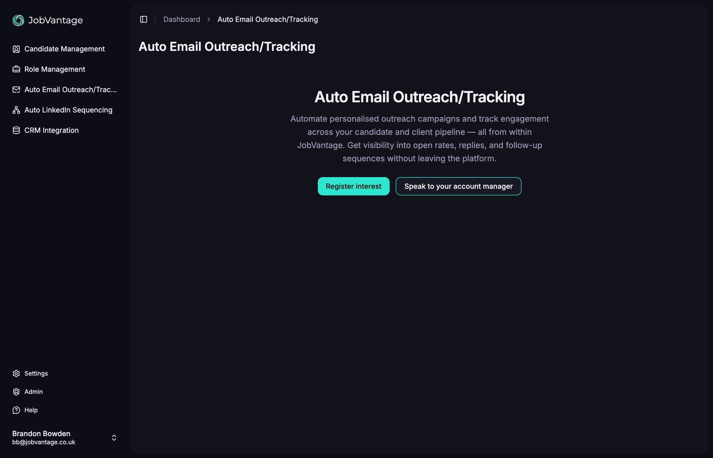 The Auto Email Outreach/Tracking page with Register interest button