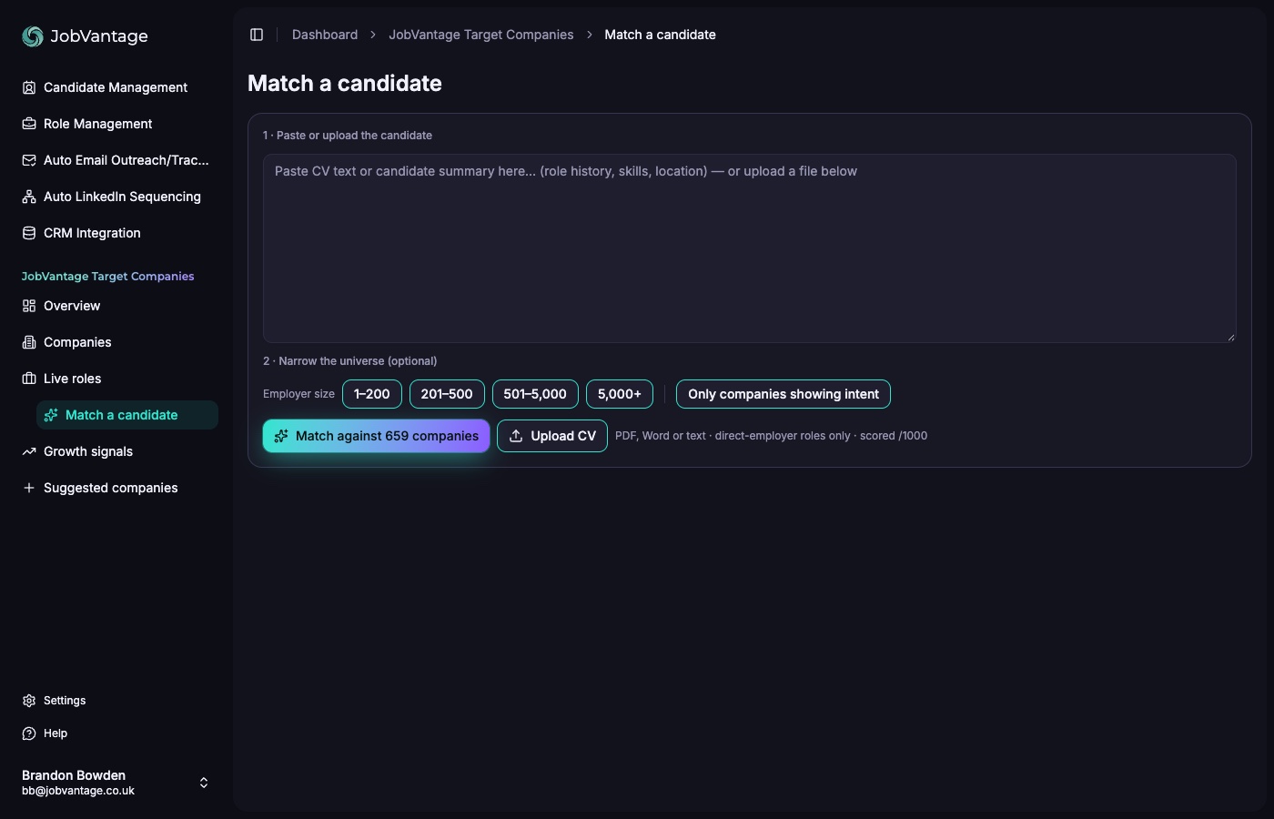 The Match a candidate page with CV upload and filters