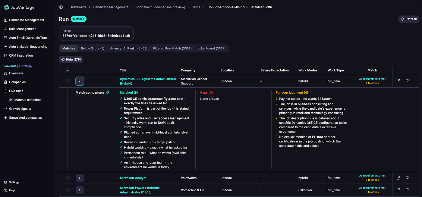 JobVantage run view: a matched role opened to show Matched (8), Gaps (0) and For your judgment (4)